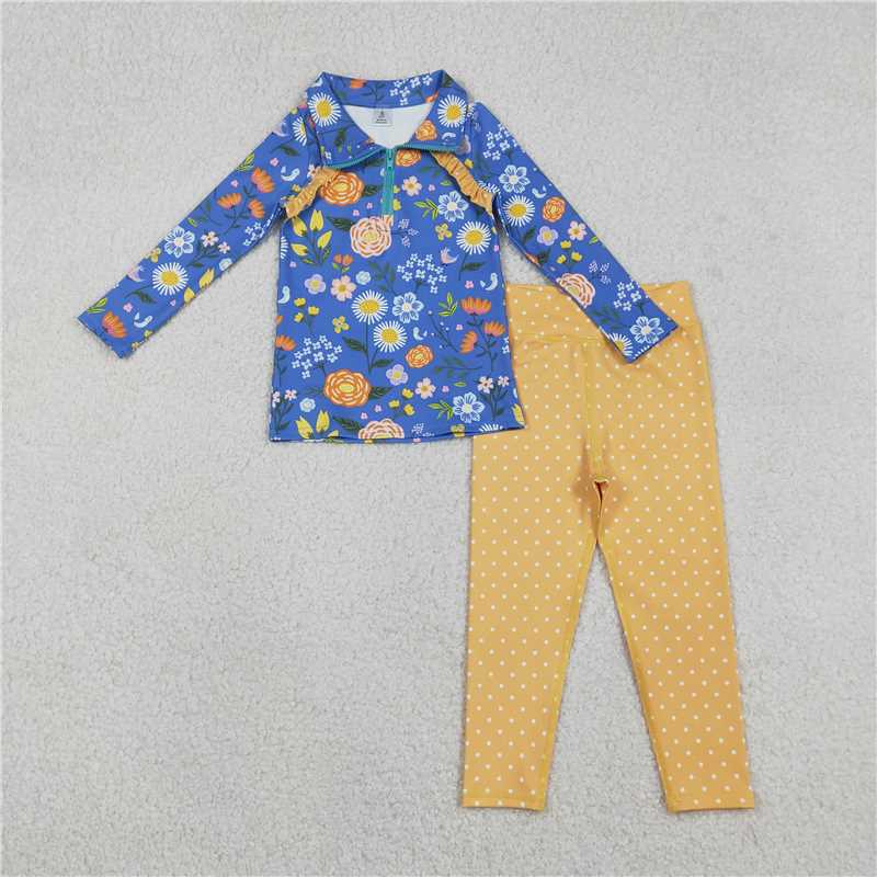 X12.25 GLP2736 Colorful Floral Royal Blue Zipper Long-Sleeved White Polka Dot Orange Pants Yoga Set