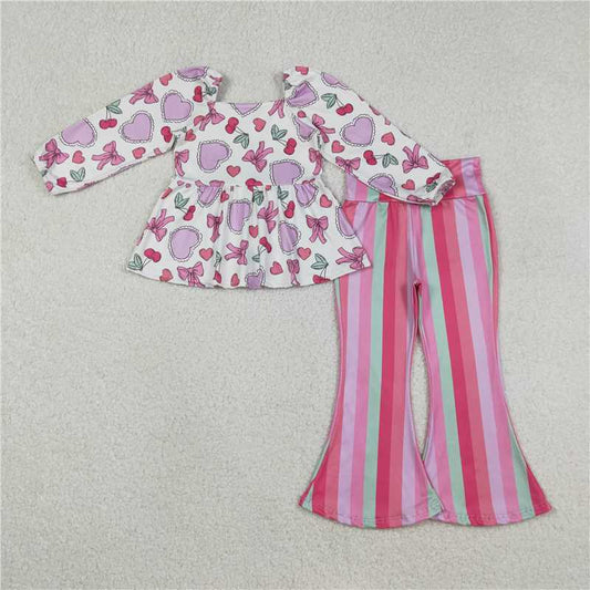 X12.25 GLP3119 Cherry Heart Bow Pattern Long-Sleeved Colorful Vertical Striped Trousers Set