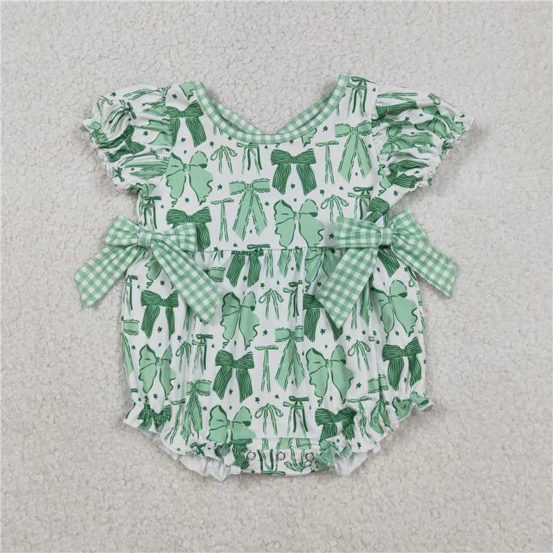 X12.26  SR3305 Four-leaf clover green checkered white short-sleeved jumpsuit with bow pattern