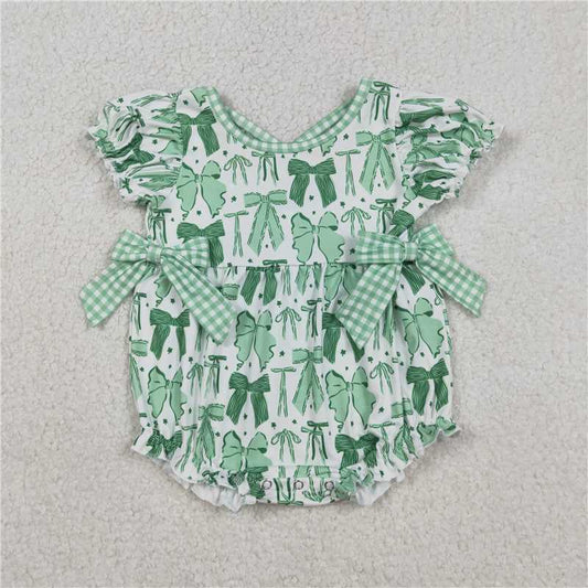X12.26  SR3305 Four-leaf clover green checkered white short-sleeved jumpsuit with bow pattern