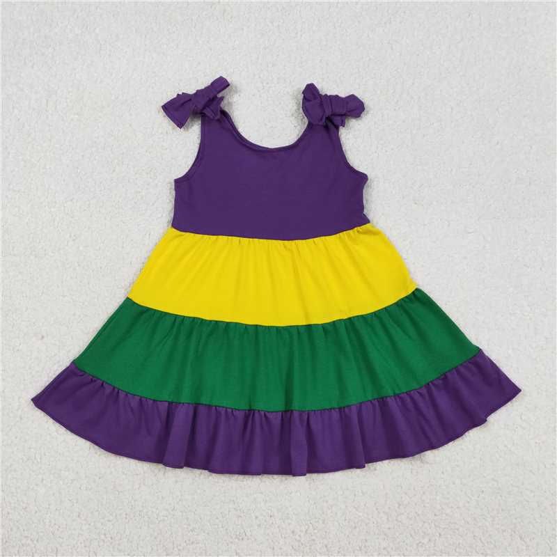 X12.23 GSD2888 Mardi Gras Green, Yellow, and Purple Patchwork Bow Dress