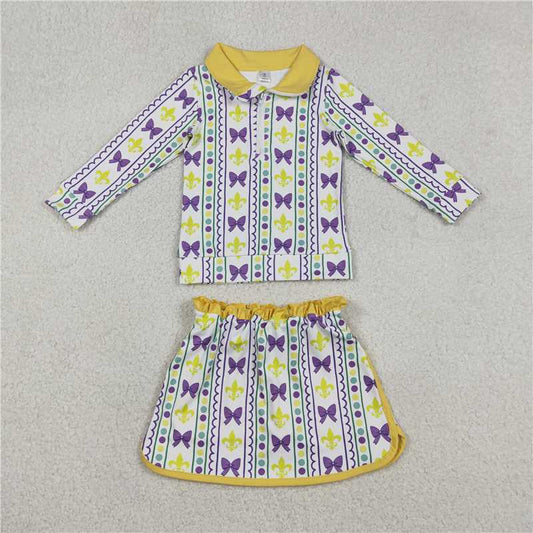 X12.25 GLD1363 Carnival Bow Pattern Wavy Striped Zipper Long-Sleeved Skirt Yoga Set