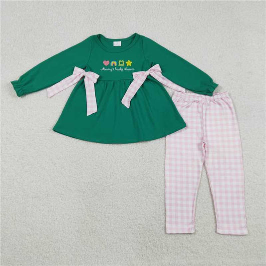 X12.25 GLP3066 Embroidered Heart Rainbow Four-Leaf Clover Pink and White Checkered Bow Green Long-Sleeved Trousers Set