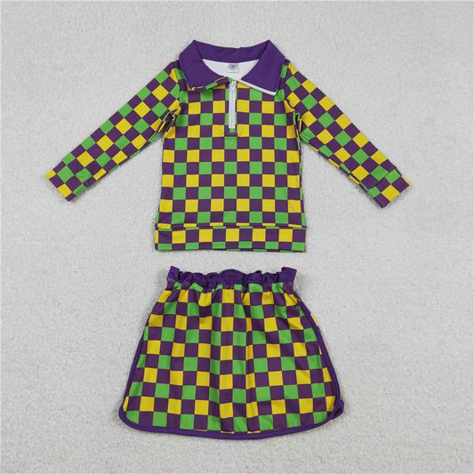 X12.25  GLD1362 Carnival Colorful Check Zipper Long-Sleeved Skirt Yoga Set
