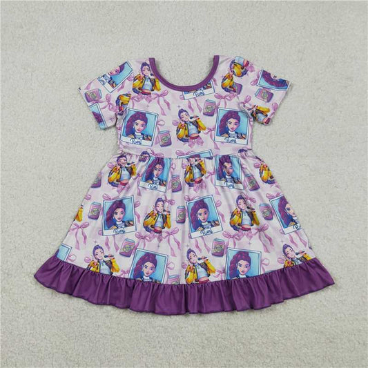 X12.23  GSD3272 Kpop Photo Bow Pattern Plaid Purple Lace Short-Sleeve Dress