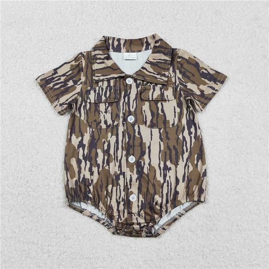 X1.1 SR3653 Military Green Camouflage Pocket Button Collar Short-Sleeve Jumpsuit