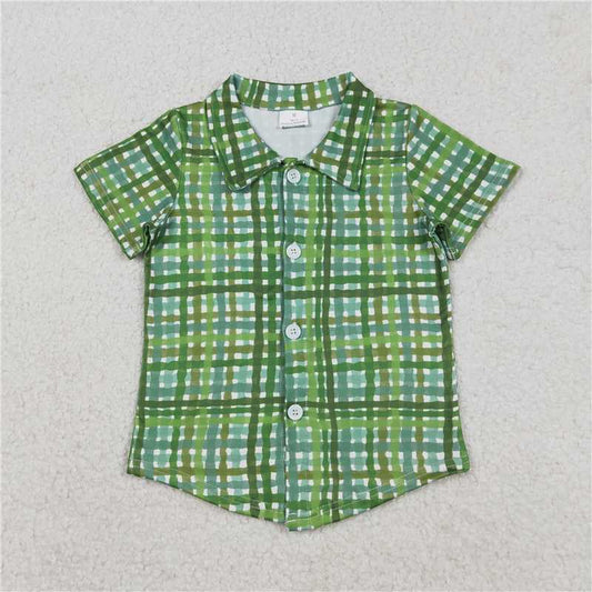 X12.30  BT1456 St. Patrick's Day Green Plaid Button-Down Short-Sleeve Top