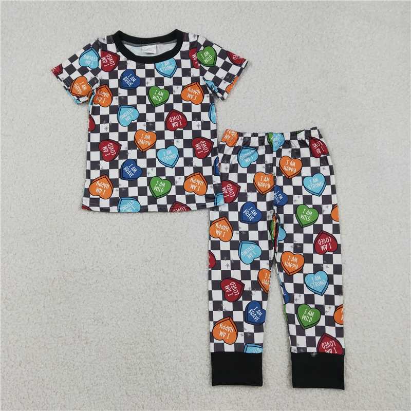 X1.2  BSPO0490 i am Letter Heart Plaid Short-Sleeve Pants Pajama Set