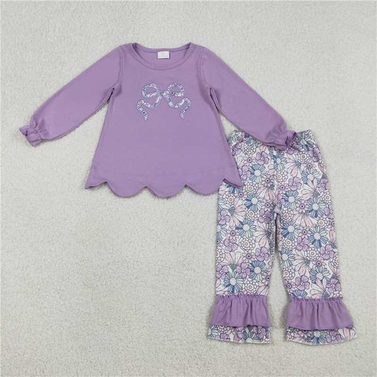 GLP3019 Embroidered Floral Bow Pattern Purple Long-Sleeved Trousers Set