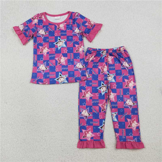 X1.17 GSPO2230 Kpop Star Blue-Purple Plaid Rose Red Lace Short-Sleeve Long Pants Pajama Set