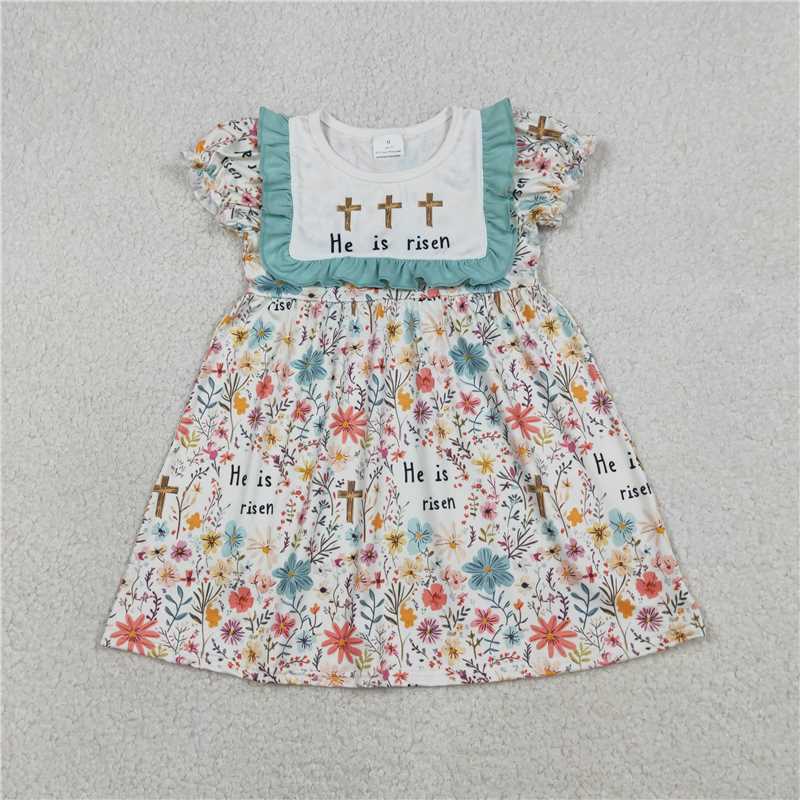 X1.17 He is risen cross flower leaf blue-green lace short-sleeved dress