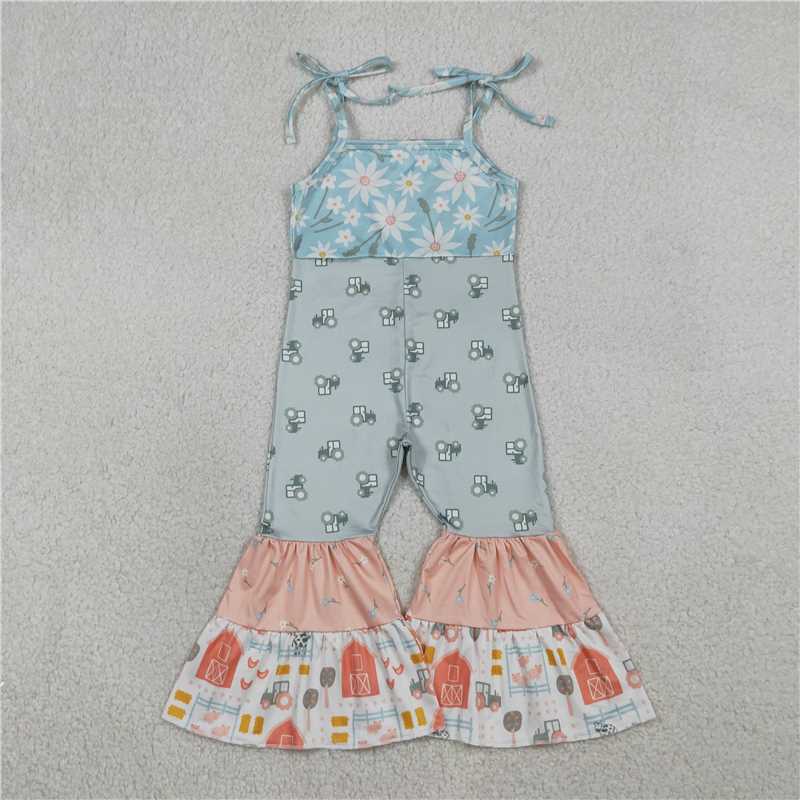 SR3587 Floral Tractor Red House Patchwork Suspender Bodysuit