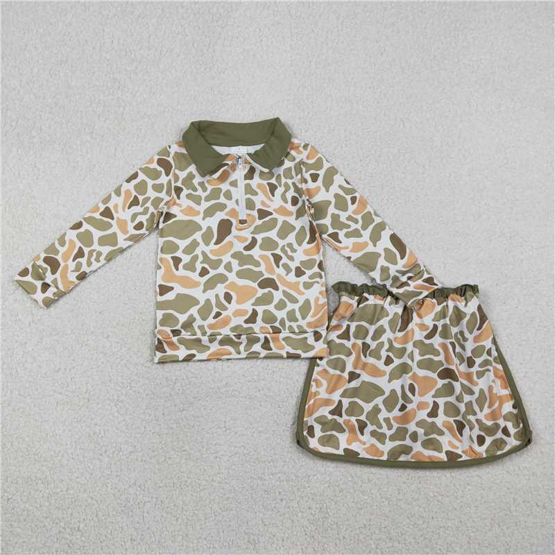 GLD1545 Orange-Green Camouflage Zipper Long-Sleeved Skirt Set