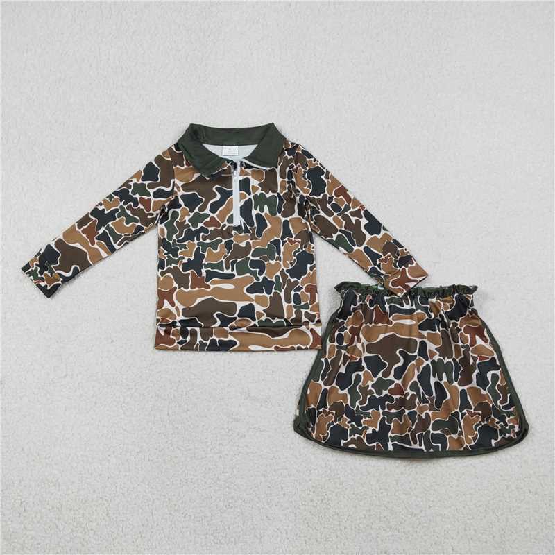 GLD1547 Brown-green camouflage beige zip-up long-sleeved skirt set