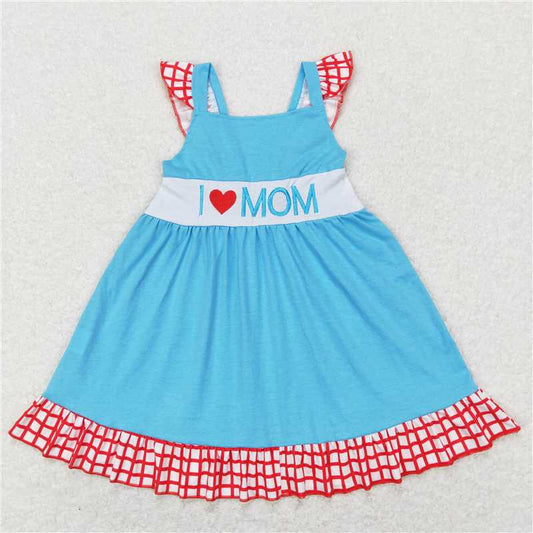 GSD0594 I love mom embroidered letters red and white plaid lace blue flying sleeve dress