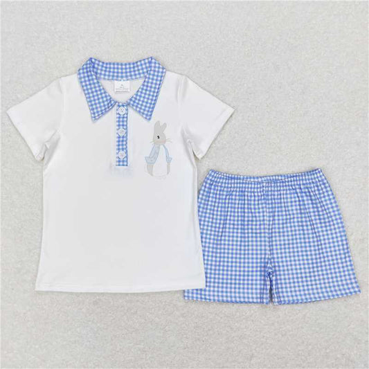 BSSO0415 Rabbit Blue and White Plaid Collar Short Sleeve Shorts Suit