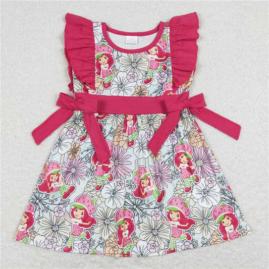 GSD0613 Strawberry Princess Flower Red Bow Fly Sleeve Dress