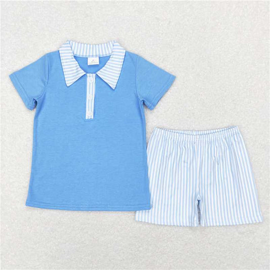 BSSO0402 Blue and white striped collar short-sleeved shorts suit