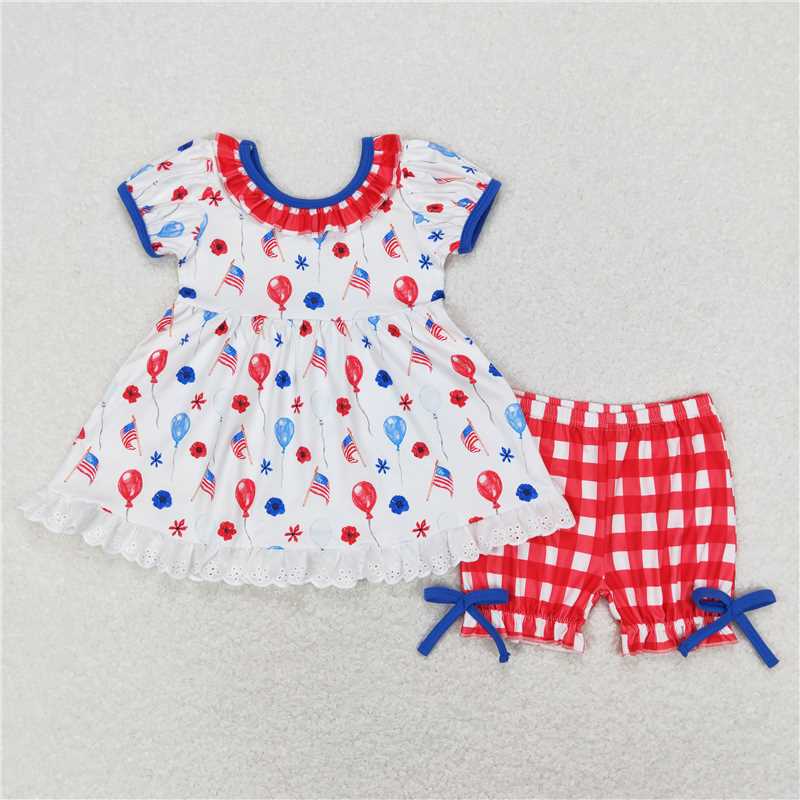 GSSO0430 Balloon Flower Flag White Short Sleeve Red Plaid Shorts Suit