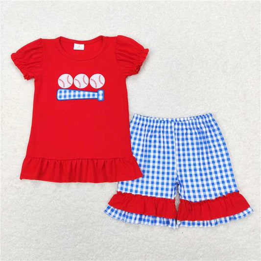 GSSO0428 Embroidered baseball red lace short-sleeved blue plaid shorts suit