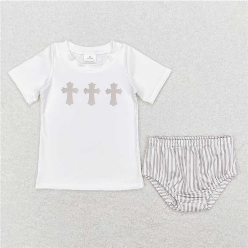 GBO0211 Cross white short sleeve brown striped briefs suit