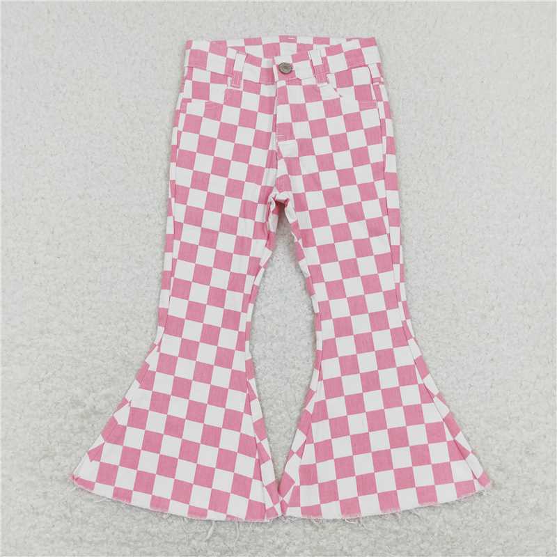 P0348 Pink and white plaid denim trousers