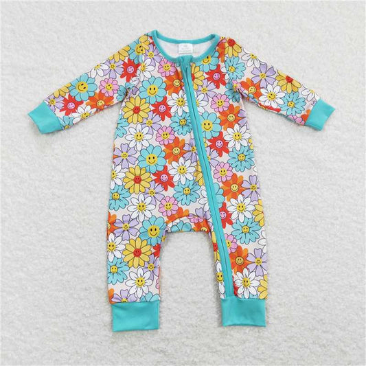 LR0899 Flower Smiley Blue Zip Long Sleeve Jumpsuit