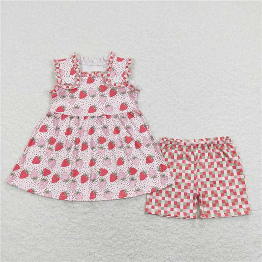 GSSO0499 Strawberry Sleeveless Top Red and Green Plaid Shorts Set