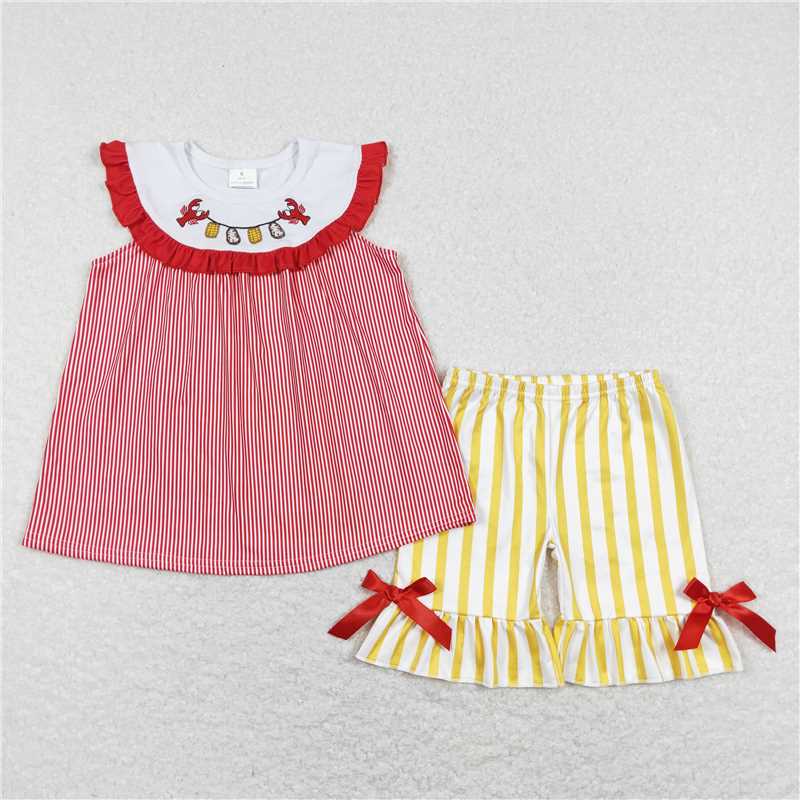 GSSO0453 Embroidered crayfish corn red lace bow sleeveless yellow and white striped shorts suit