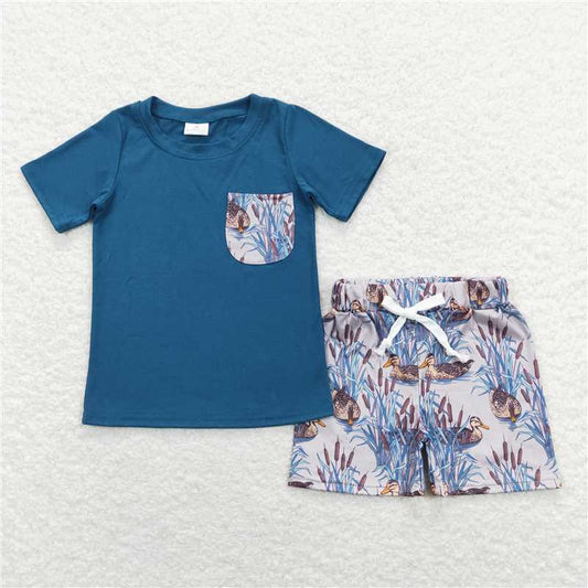 BSSO0452 Duck Stick Pocket Blue Short Sleeve Shorts Suit