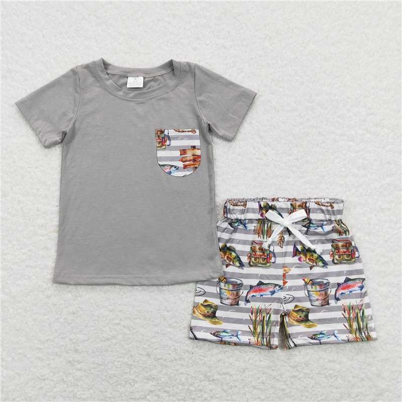 BSSO0481 Fishing Stripe Pocket Gray Short Sleeve Shorts Set