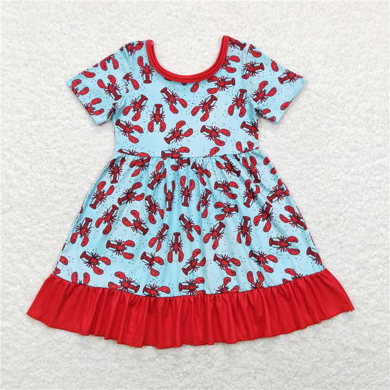 GSD0486 Crayfish red lace blue short-sleeved dress