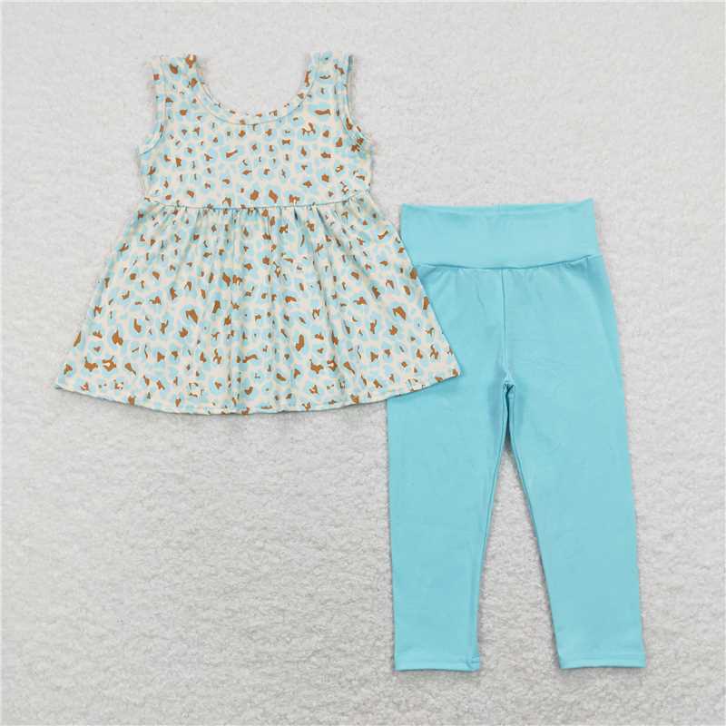 GSPO1177 Leopard print beige sleeveless top teal trousers suit