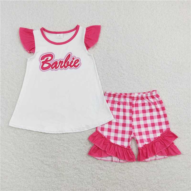 GSSO0477 barbie letter white flying sleeve pink and white plaid lace short-sleeved shorts