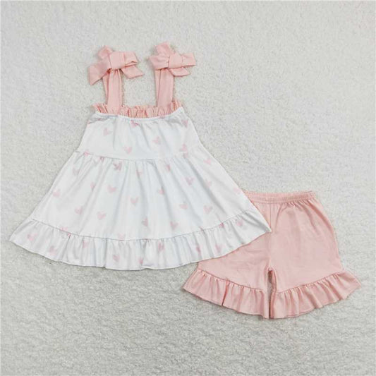 GSSO0447 Love white and pink bow suspender shorts suit