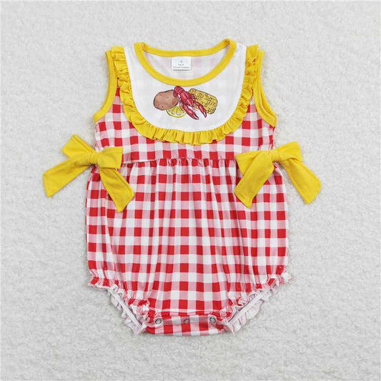 Potato Crayfish Corn Yellow Lace Bow Red and White Plaid Vest Jumpsuit