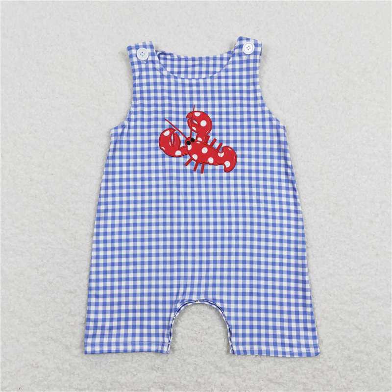 SR0820 Embroidered polka dot crayfish blue and white plaid sleeveless jumpsuit