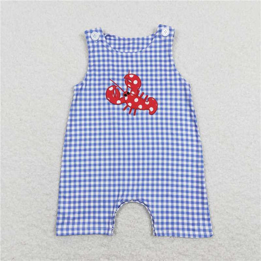 SR0820 Embroidered polka dot crayfish blue and white plaid sleeveless jumpsuit