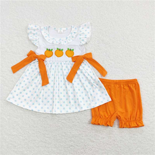 GSSO0451 Embroidered orange bow blue polka dot orange and white short-sleeved shorts suit