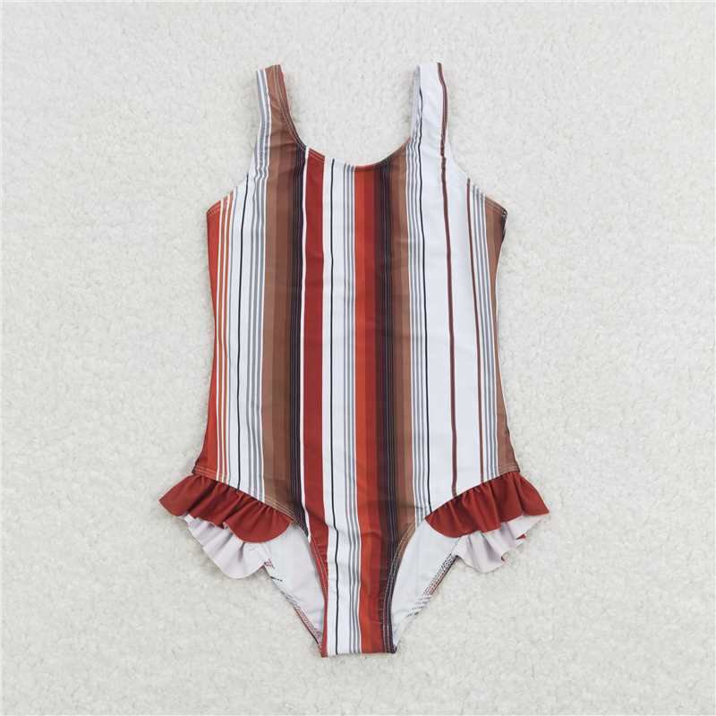 S0238 Orange red,white and brown striped one-piece swimsuit