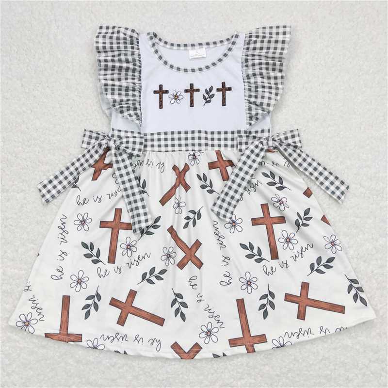 GSD0680 Embroidered he is risen cross floral plaid butterfly dress