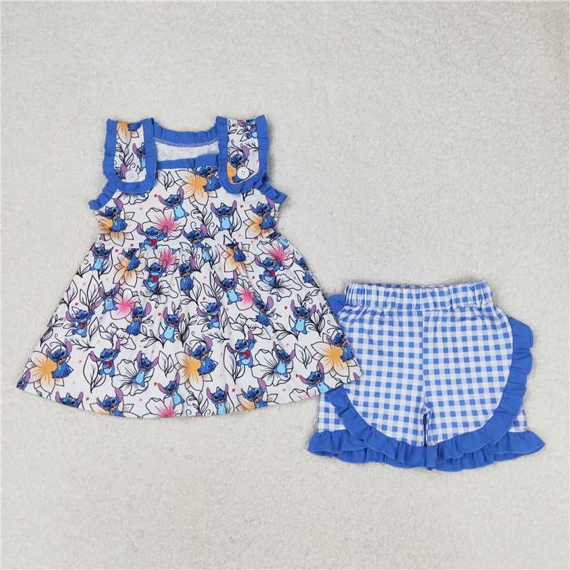 GSSO1040 Floral Stitch Blue Lace Sleeveless Plaid Shorts Suit