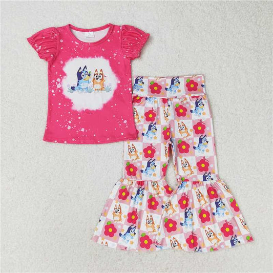 GSPO1275 bluey flower pink and white plaid rose red short-sleeved trousers suit