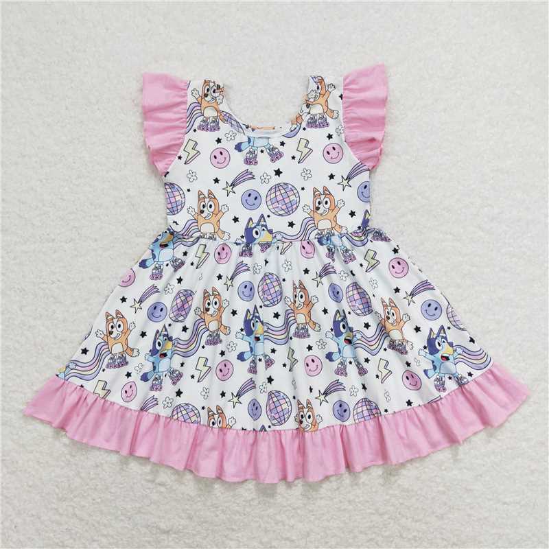 GSD1062 bluey light ball smiley face lightning pink lace white flying sleeve dress