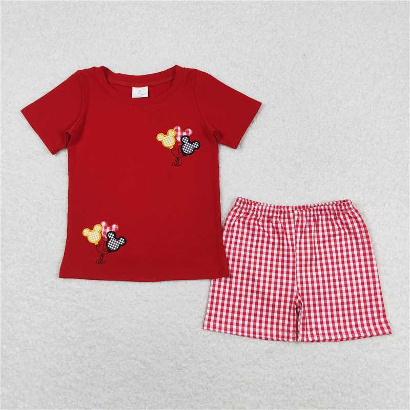 BSSO0652 Embroidered Mickey Balloon Red Short Sleeve Plaid Shorts Suit