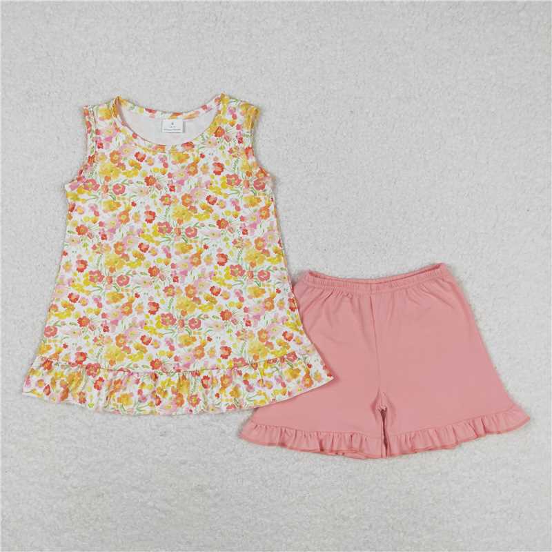 GSSO1135 Yellow-orange floral sleeveless pink shorts suit