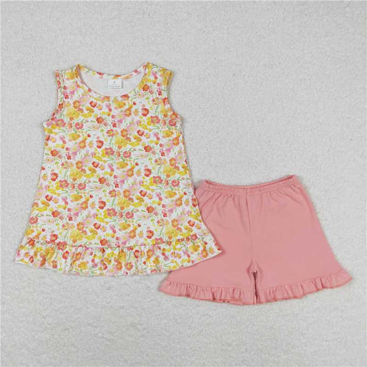 GSSO1135 Yellow-orange floral sleeveless pink shorts suit