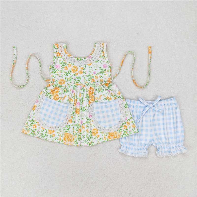 GSSO0871 Yellow flowers green leaves pocket sleeveless plaid shorts suit