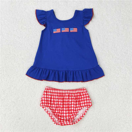 GBO0311 Embroidered flag bow navy blue flying sleeves red and white plaid briefs suit