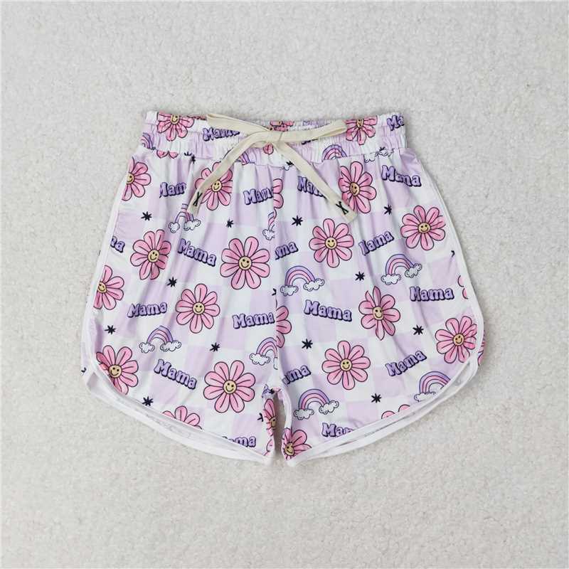 4.10 SS0172 Adult female mama smiley face flower purple and white plaid shorts